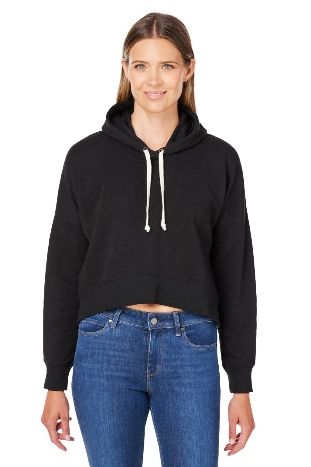 J America 8853 Womens Cropped Hooded Sweatshirt Hoodie Solid Black Model Front