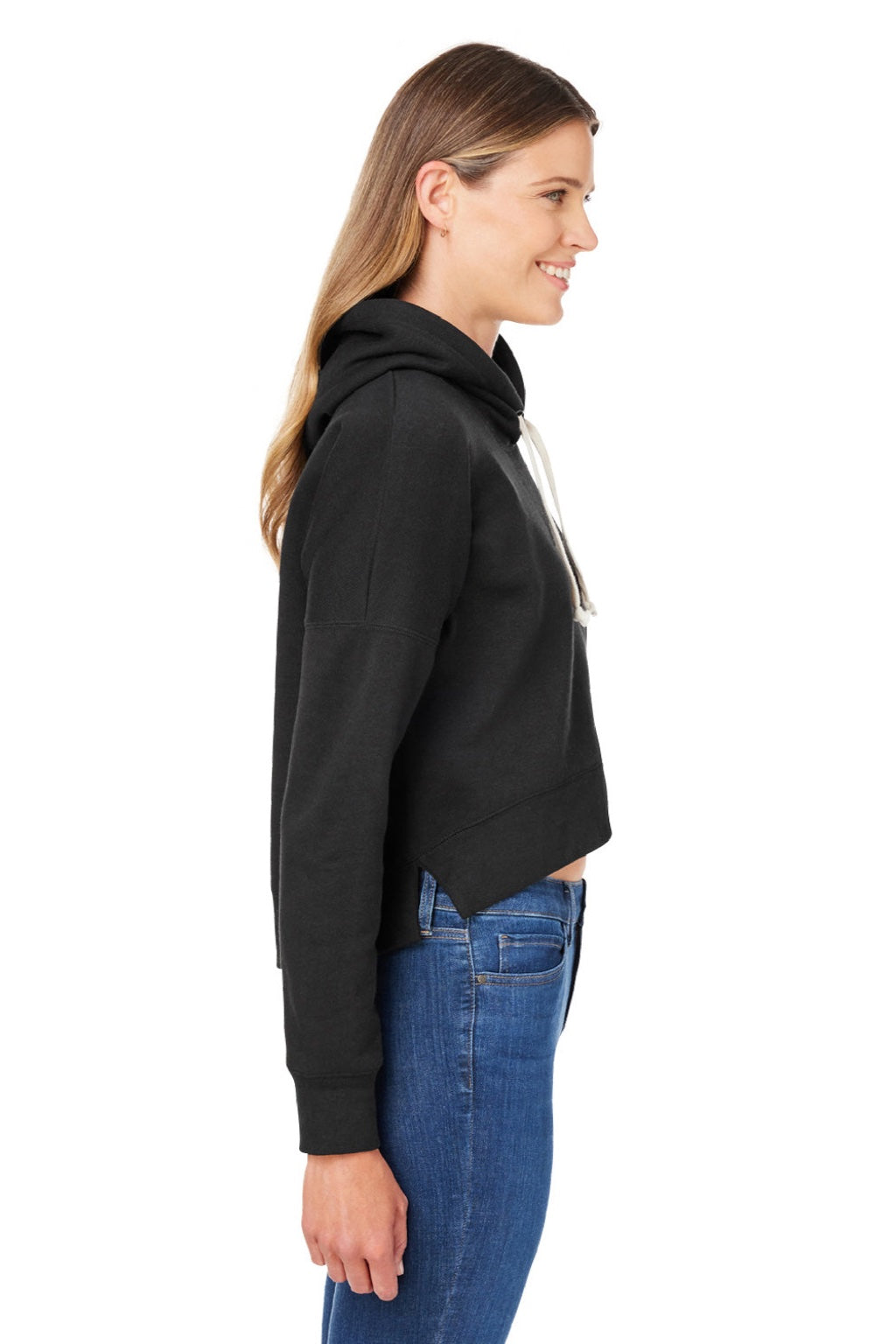 J America 8853 Womens Cropped Hooded Sweatshirt Hoodie Black Triblend Model Side