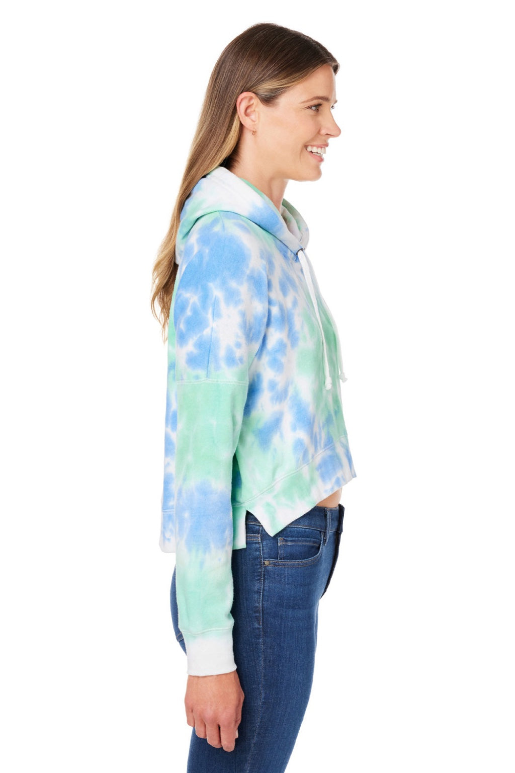 J America 8853 Womens Cropped Hooded Sweatshirt Hoodie Lagoon Tie Dye Model Side