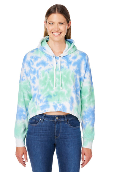 J America 8853 Womens Cropped Hooded Sweatshirt Hoodie Lagoon Tie Dye Model Front