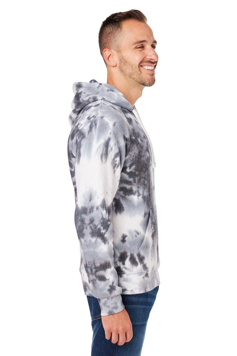 J America 8861JA/8861 Mens Tie-Dye Hooded Sweatshirt Hoodie w/ Pouch Pocket Black Model Side