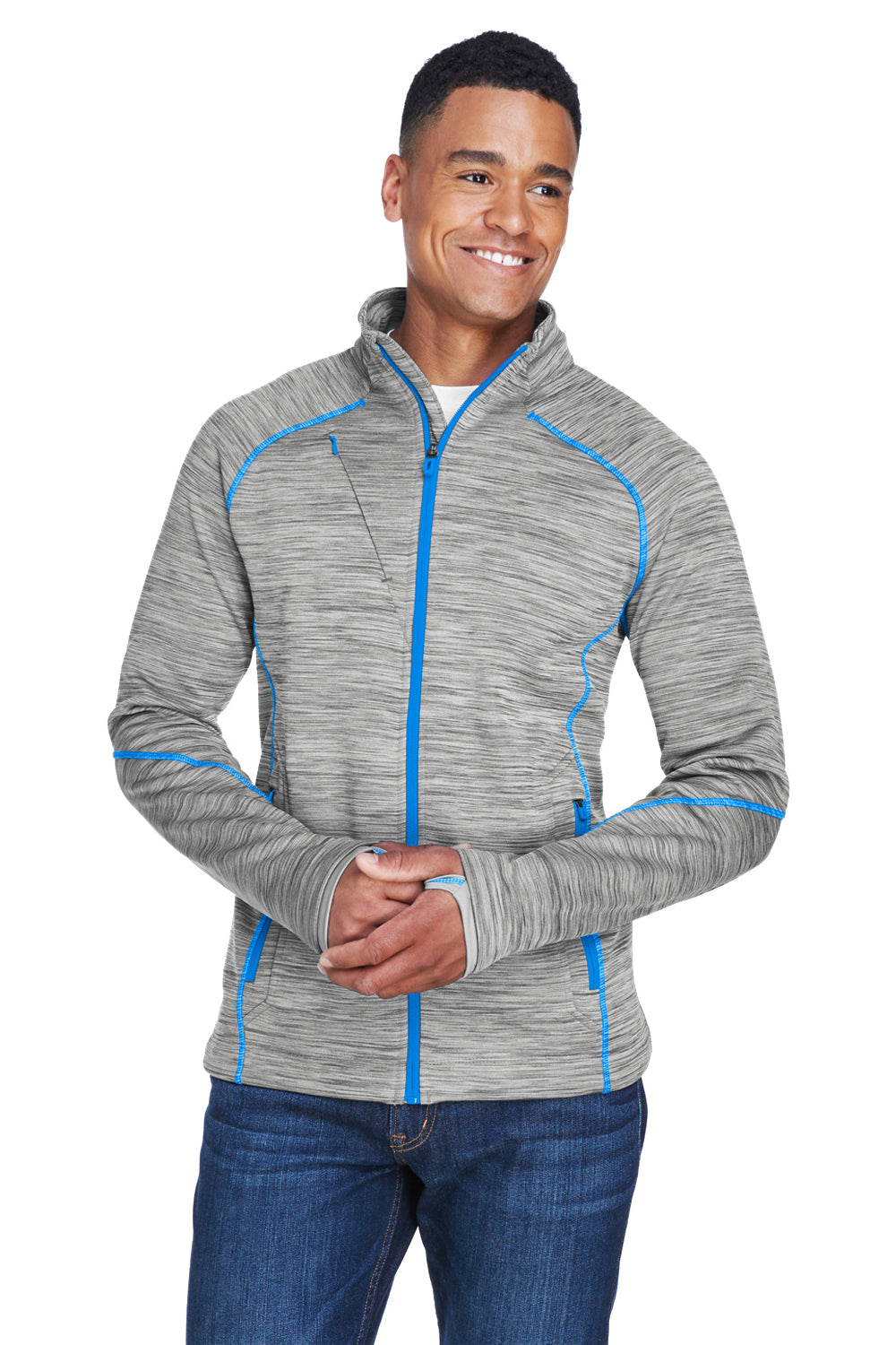 North End 88697 Mens Sport Red Flux Full Zip Jacket Platinum Grey/Olympic Blue Model Front