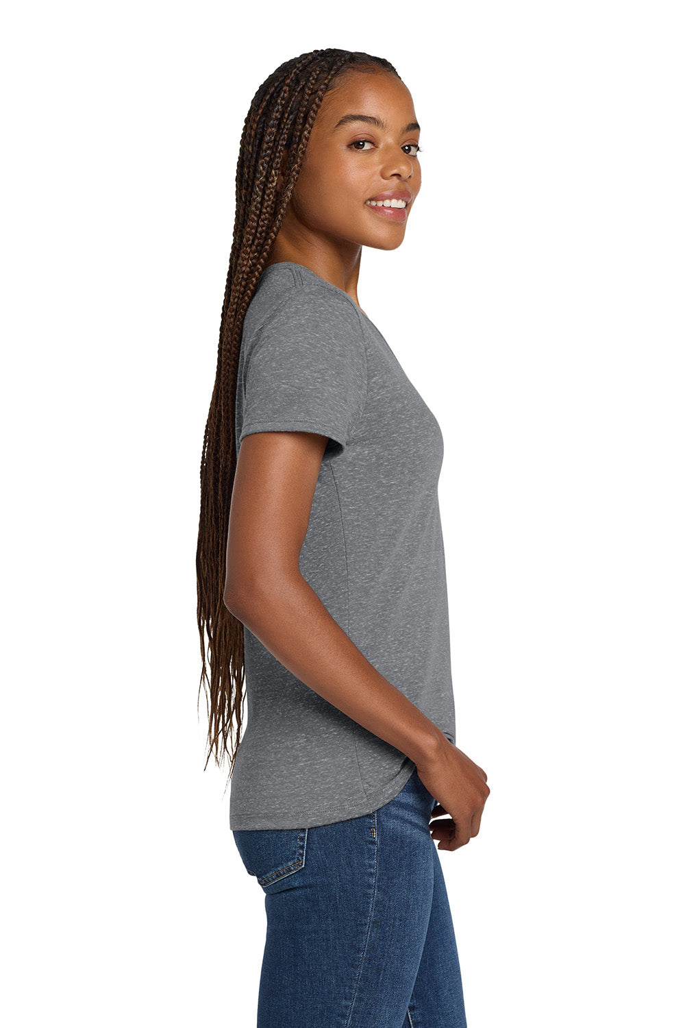 Jerzees 88WV Womens Vintage Snow Short Sleeve V-Neck T-Shirt Heather Charcoal Grey Model Side