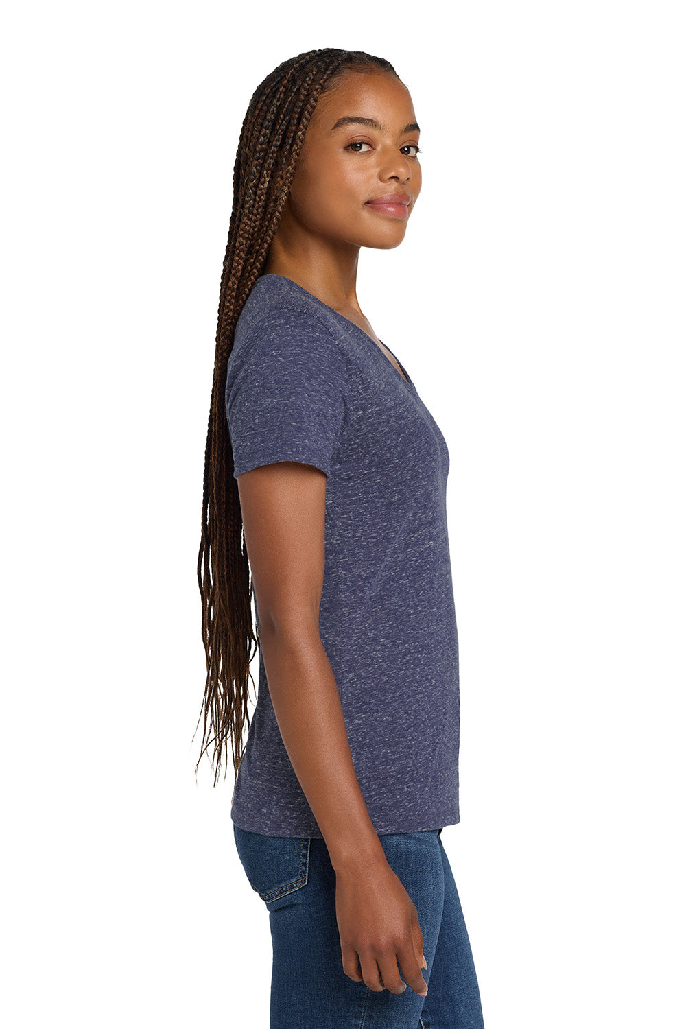 Jerzees 88WV Womens Vintage Snow Short Sleeve V-Neck T-Shirt Heather Navy Blue Model Side