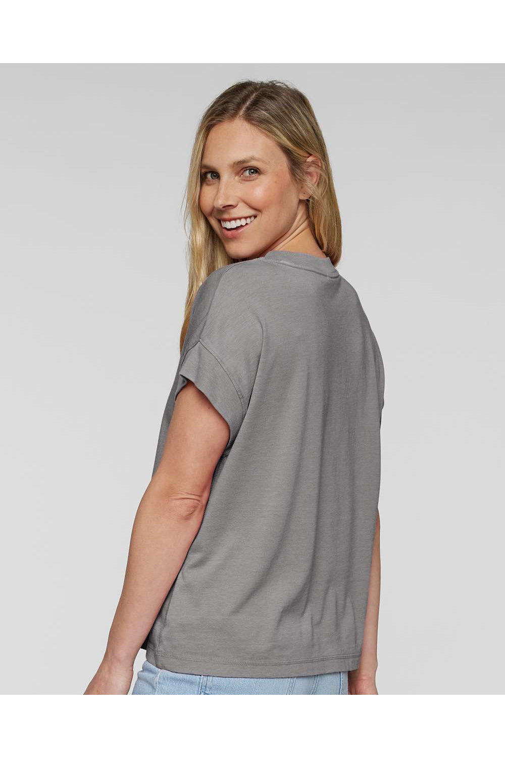 LAT 3502 Womens Relaxed Vintage Wash Short Sleeve Crewneck T-Shirt Grey Model Back