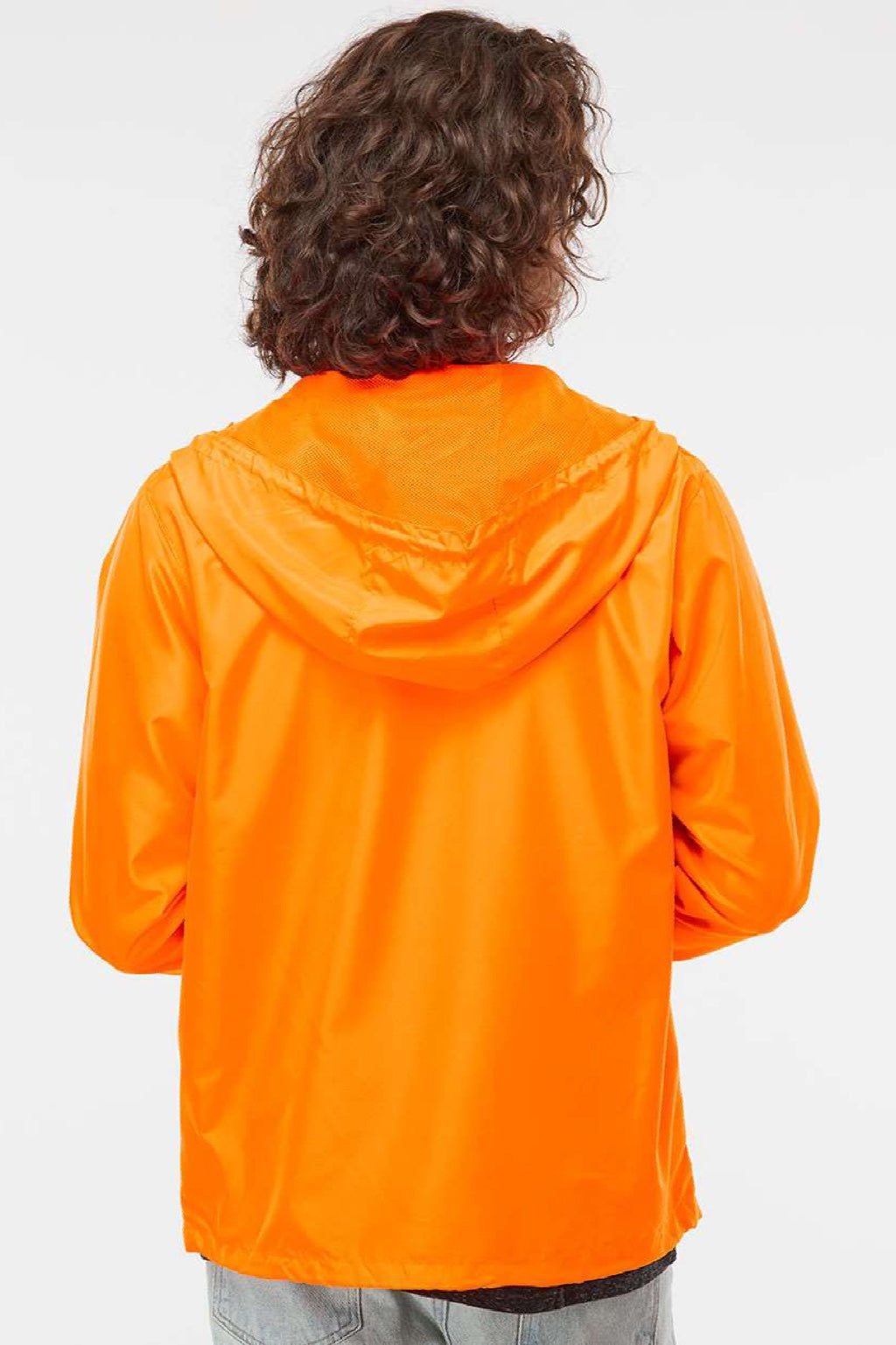 Independent Trading Company EXP54LWZ Mens Water Resistant Full Zip Windbreaker Hooded Jacket Safety Orange Model Back
