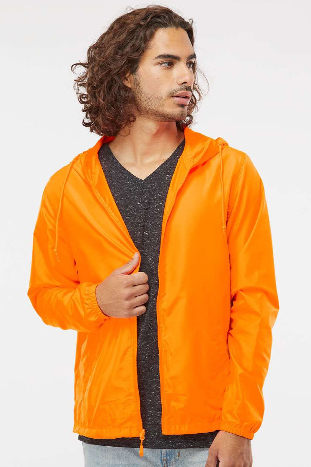 Independent Trading Company EXP54LWZ Mens Water Resistant Full Zip Windbreaker Hooded Jacket Safety Orange Model Front