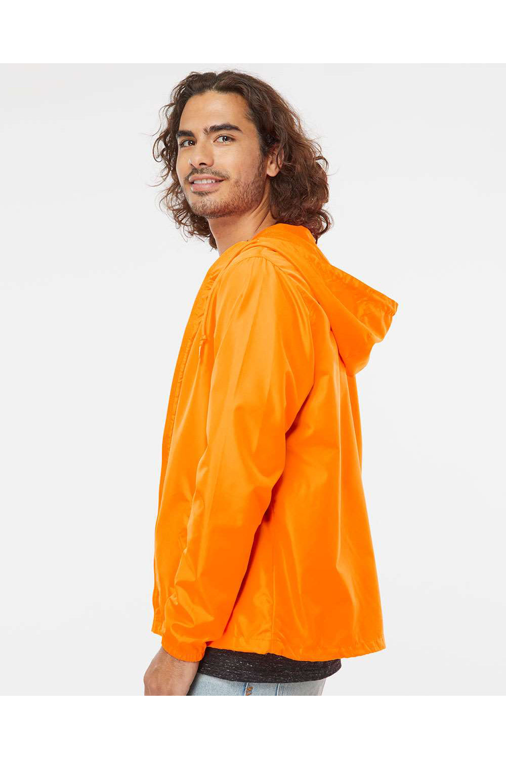 Independent Trading Co. EXP54LWZ Mens Full Zip Windbreaker Hooded Jacket Safety Orange Model Side