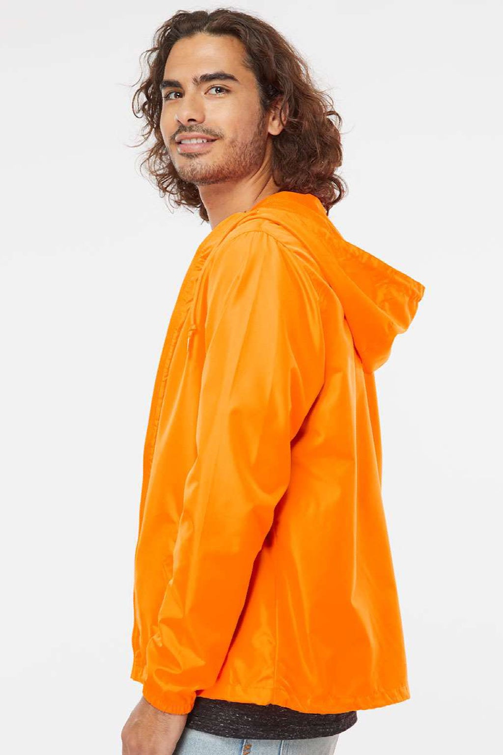 Independent Trading Company EXP54LWZ Mens Water Resistant Full Zip Windbreaker Hooded Jacket Safety Orange Model Side