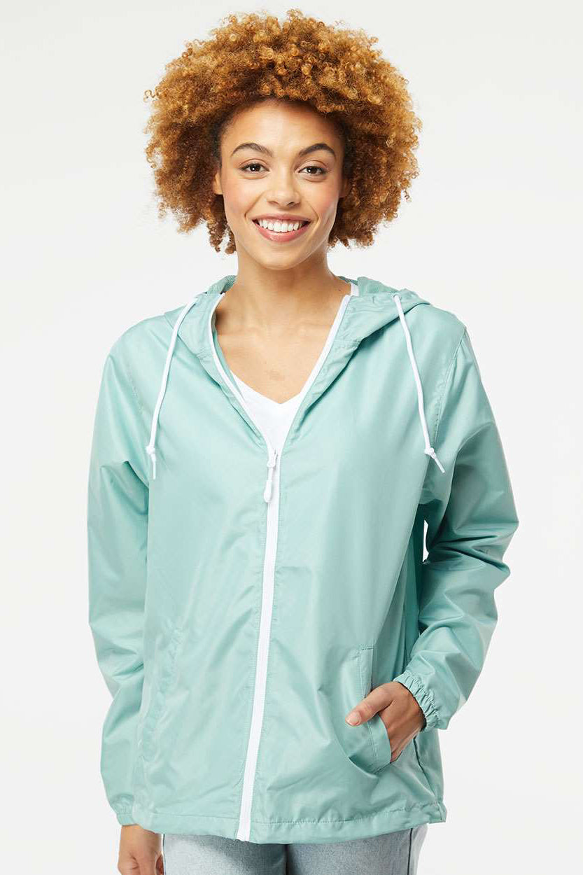 Independent Trading Company EXP54LWZ Mens Water Resistant Full Zip Windbreaker Hooded Jacket Aqua Blue Model Front