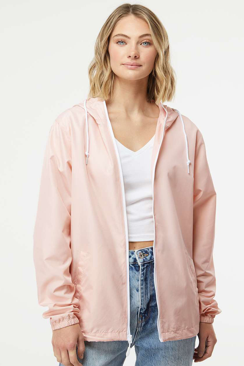 Independent Trading Company EXP54LWZ Mens Water Resistant Full Zip Windbreaker Hooded Jacket Blush Pink Model Front