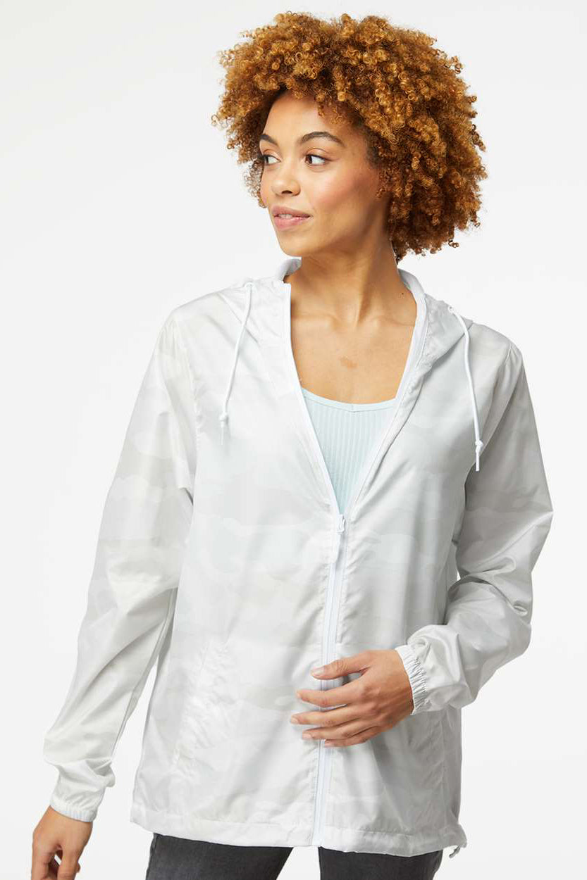 Independent Trading Company EXP54LWZ Mens Water Resistant Full Zip Windbreaker Hooded Jacket White Camo Model Front