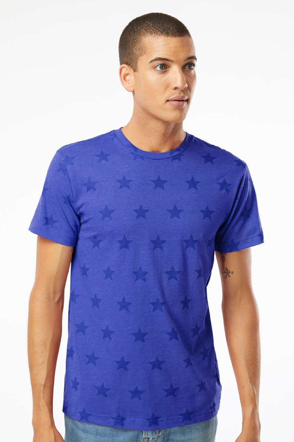 Code Five 3929 Mens Star Print Short Sleeve Crewneck T-Shirt Royal Blue Star Model Front