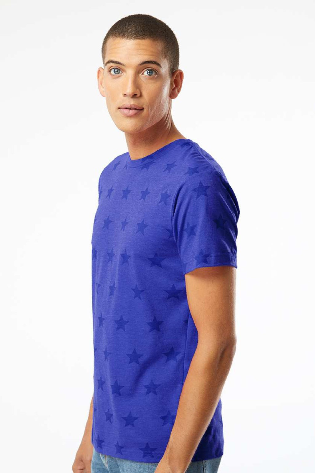 Code Five 3929 Mens Star Print Short Sleeve Crewneck T-Shirt Royal Blue Star Model Side