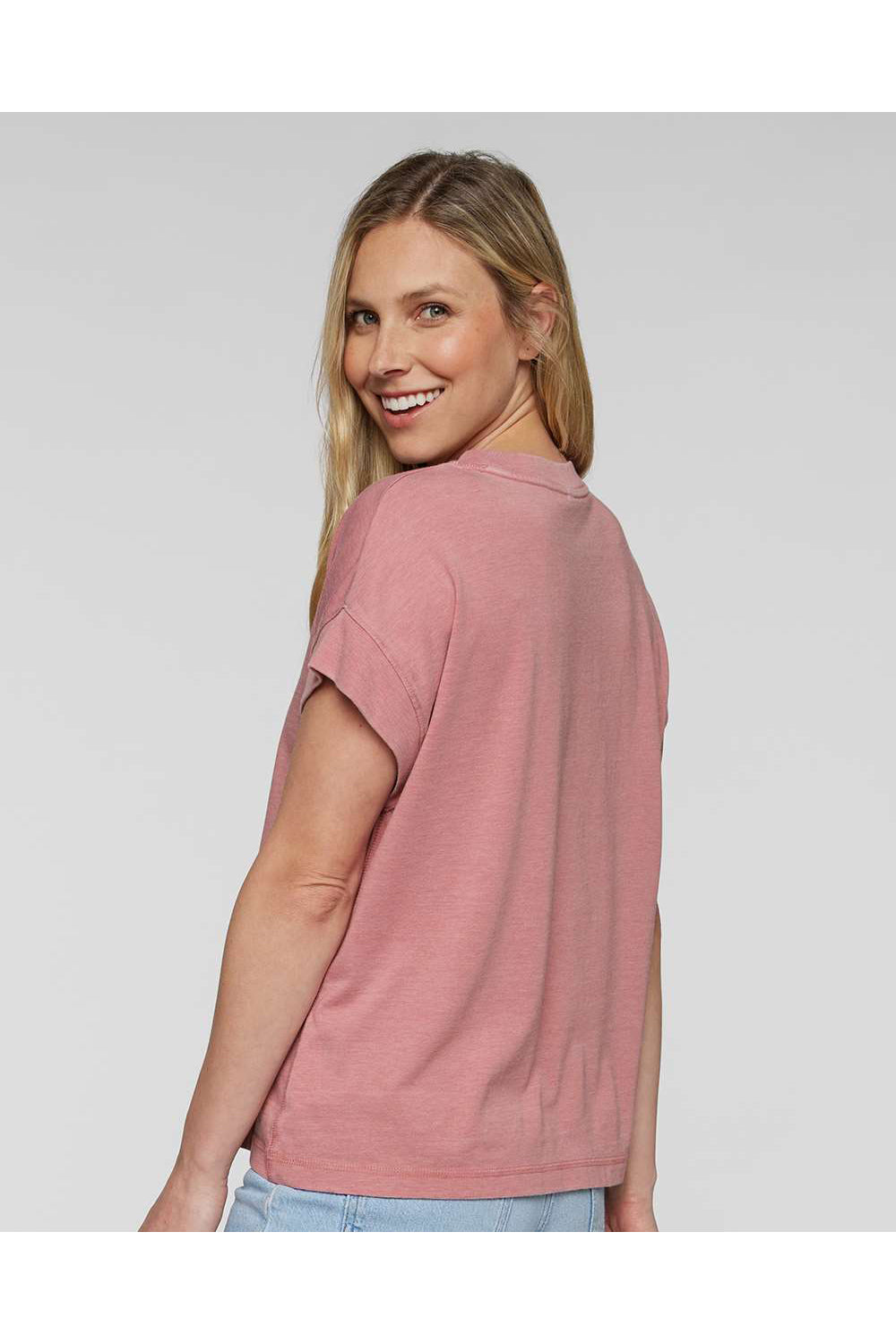 LAT 3502 Womens Relaxed Vintage Wash Short Sleeve Crewneck T-Shirt Mauvelous Pink Model Back