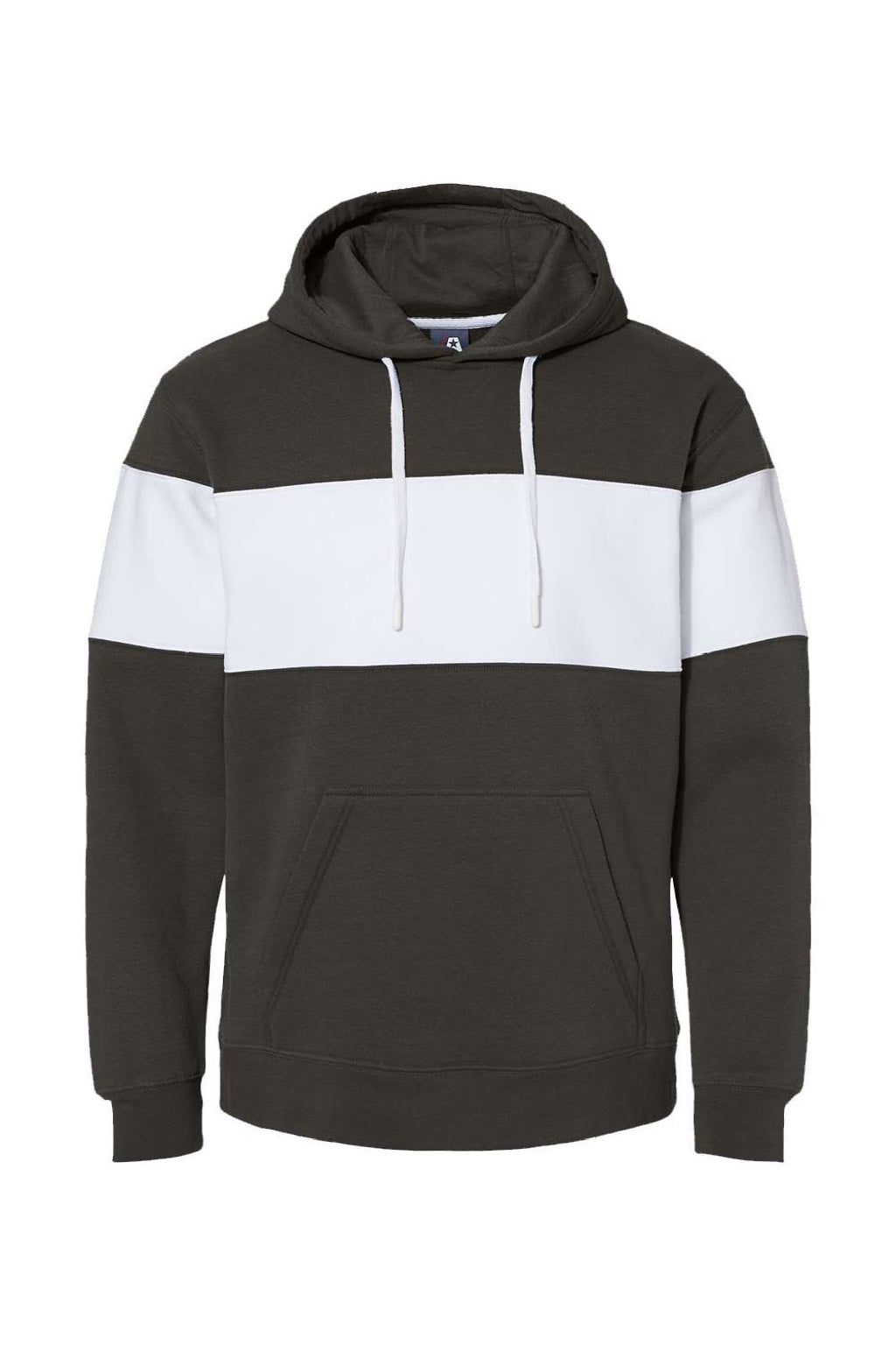 J America 8644 Mens Varsity Fleece Colorblock Hooded Sweatshirt Hoodie w/ Pouch Pocket Black Flat Front