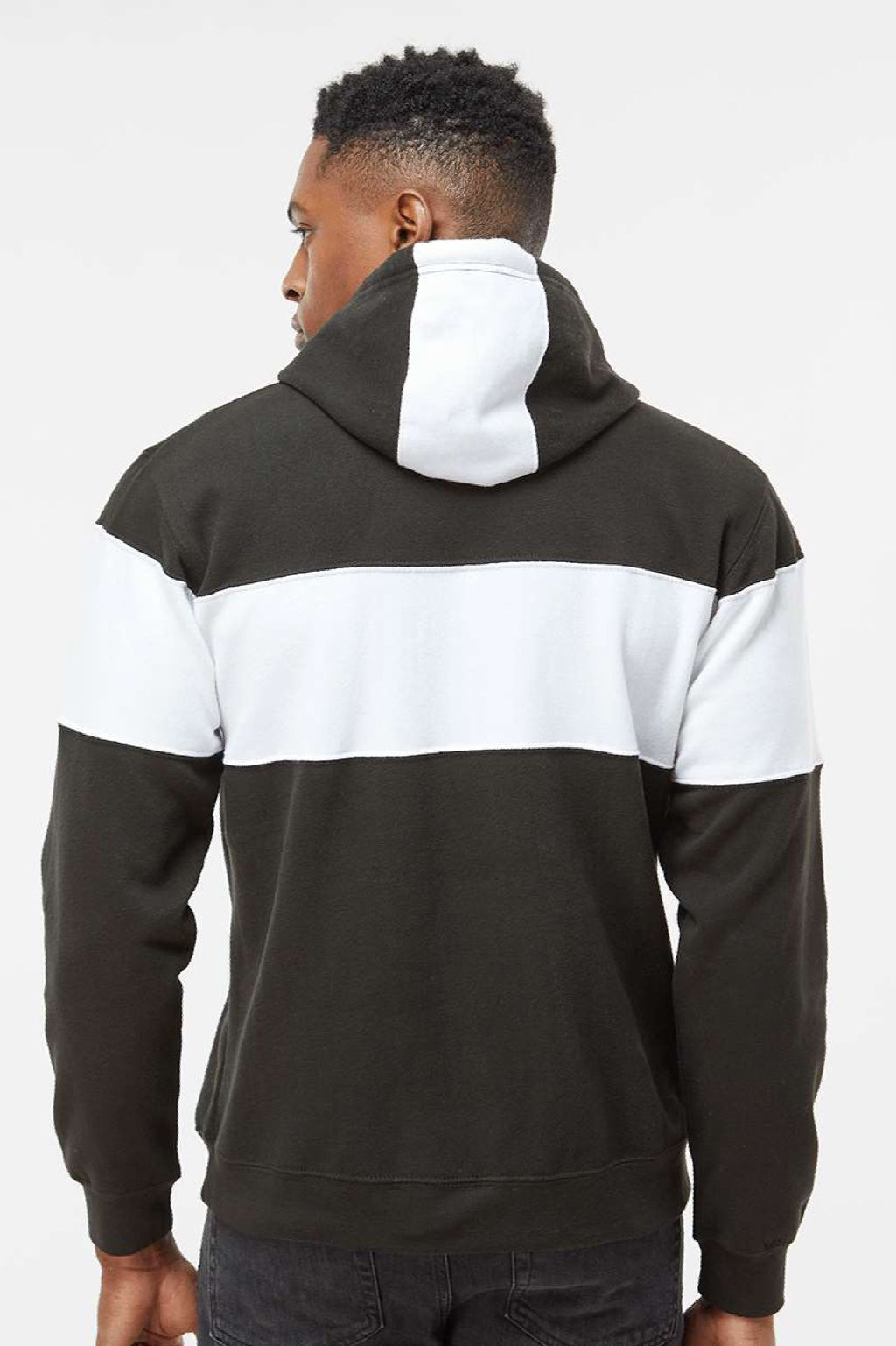 J America 8644 Mens Varsity Fleece Colorblock Hooded Sweatshirt Hoodie w/ Pouch Pocket Black Model Back