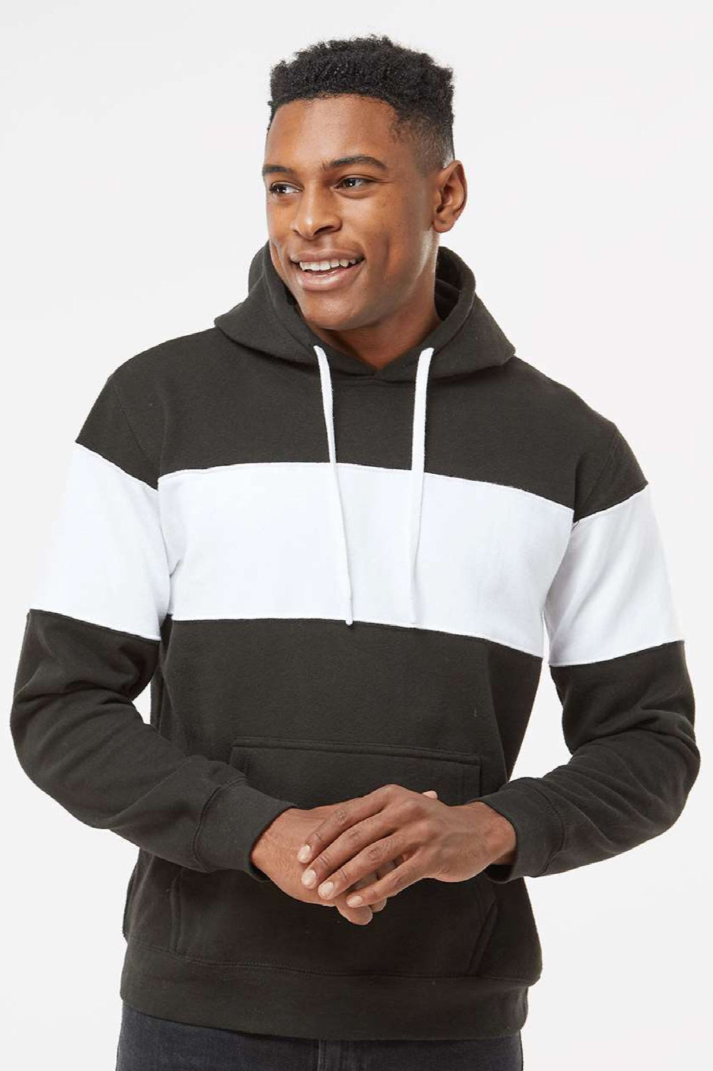 J America 8644 Mens Varsity Fleece Colorblock Hooded Sweatshirt Hoodie w/ Pouch Pocket Black Model Front