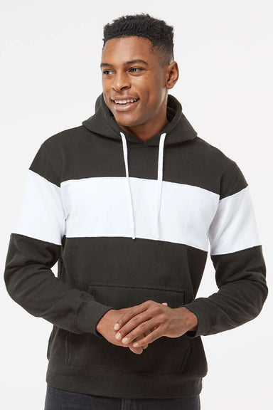 J America 8644 Mens Varsity Fleece Colorblock Hooded Sweatshirt Hoodie w/ Pouch Pocket Black Model Front
