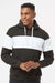 J America 8644 Mens Varsity Fleece Colorblock Hooded Sweatshirt Hoodie w/ Pouch Pocket Black Model Front