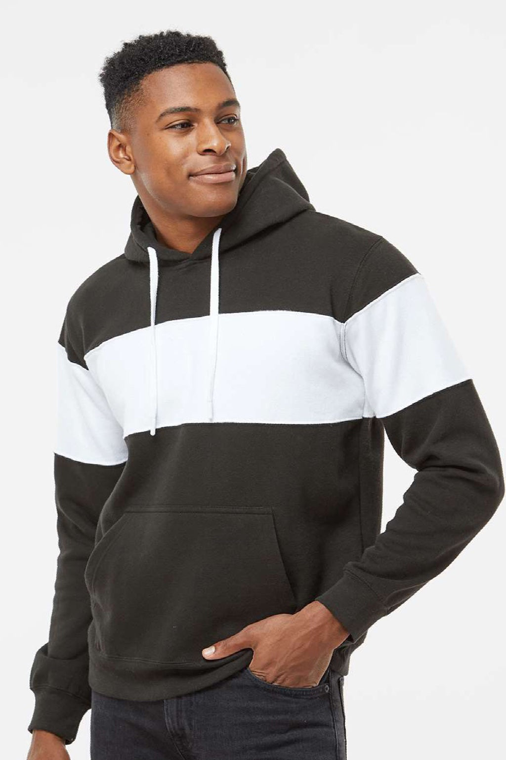 J America 8644 Mens Varsity Fleece Colorblock Hooded Sweatshirt Hoodie w/ Pouch Pocket Black Model Side
