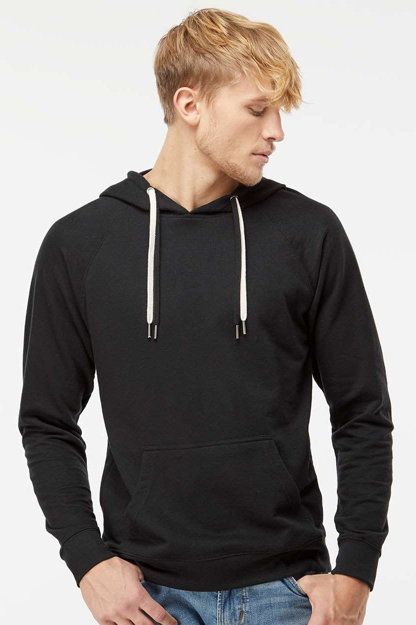 Independent Trading Company SS1000 Mens Icon Loopback Terry Hooded Sweatshirt Hoodie w/ Pouch Pocket Black Model Front