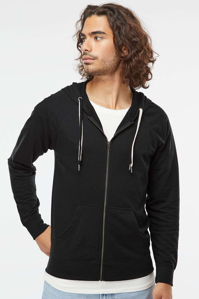 Independent Trading Company SS1000Z Mens Icon Loopback Terry Full Zip Hooded Sweatshirt Hoodie w/ Pockets Black Model Front