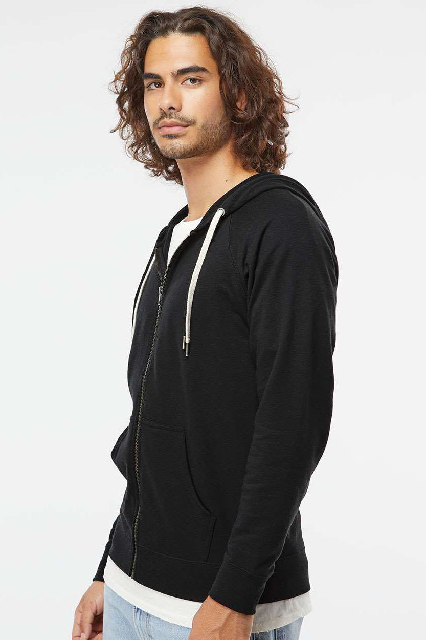 Independent Trading Company SS1000Z Mens Icon Loopback Terry Full Zip Hooded Sweatshirt Hoodie w/ Pockets Black Model Side