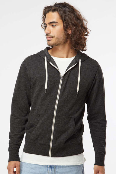 Independent Trading Company SS1000Z Mens Icon Loopback Terry Full Zip Hooded Sweatshirt Hoodie w/ Pockets Heather Charcoal Grey Model Front