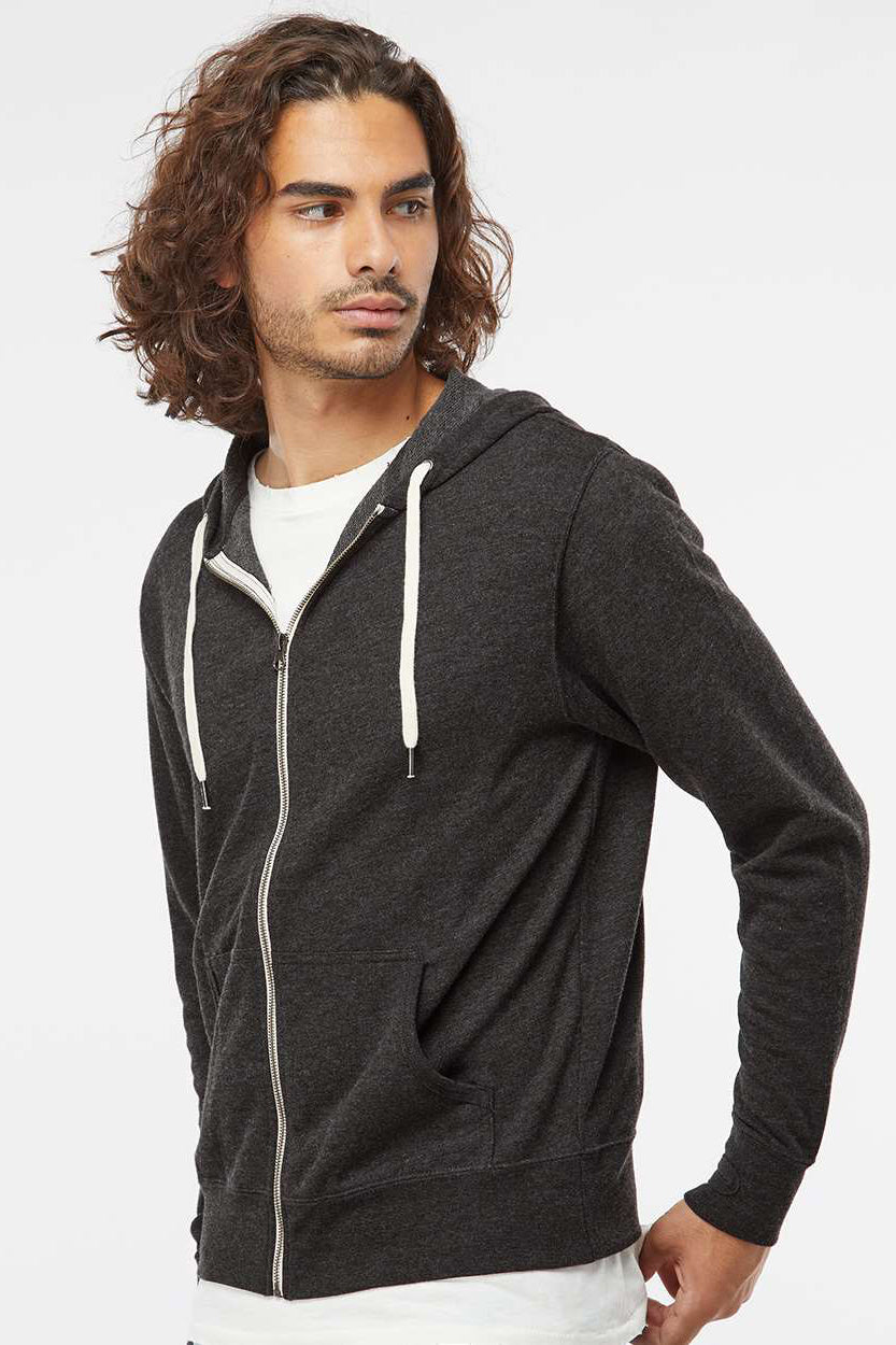 Independent Trading Company SS1000Z Mens Icon Loopback Terry Full Zip Hooded Sweatshirt Hoodie w/ Pockets Heather Charcoal Grey Model Side