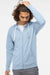 Independent Trading Company SS1000Z Mens Icon Loopback Terry Full Zip Hooded Sweatshirt Hoodie w/ Pockets Misty Blue Model Front