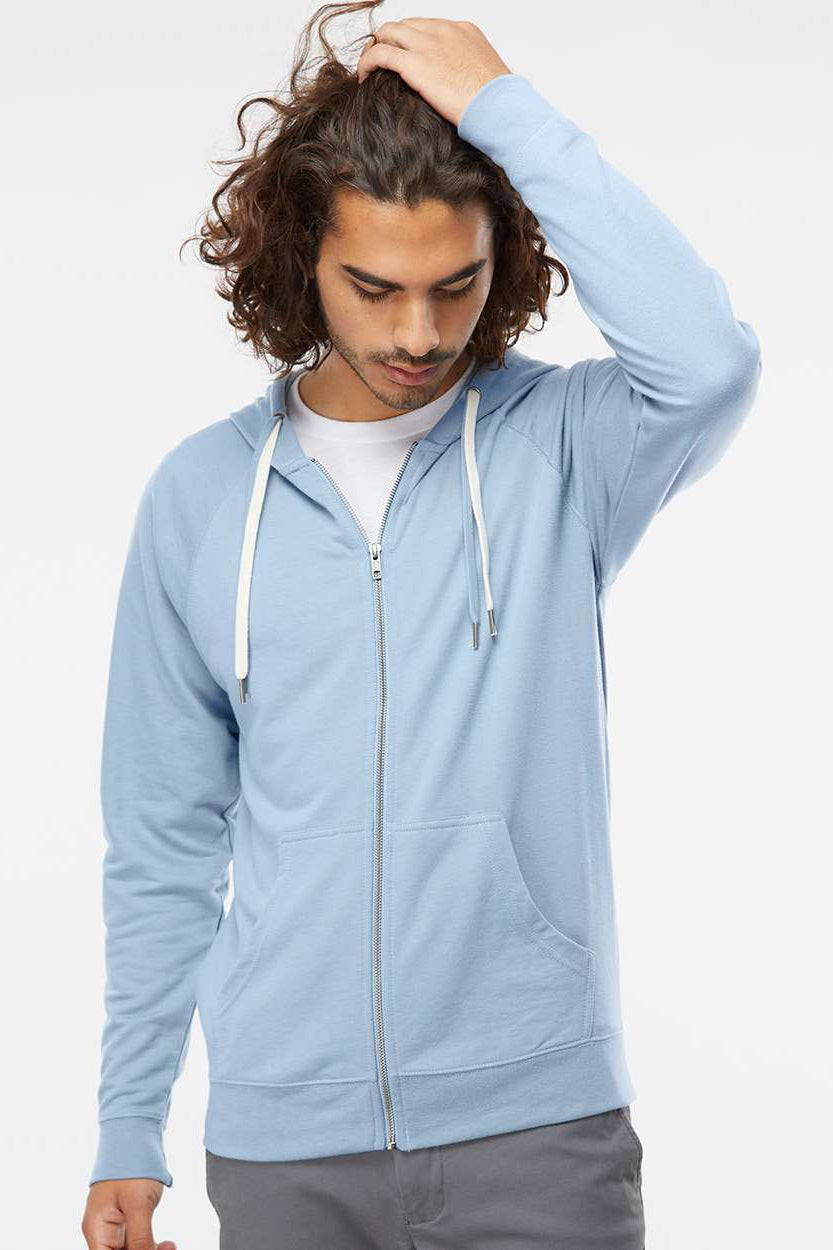Independent Trading Company SS1000Z Mens Icon Loopback Terry Full Zip Hooded Sweatshirt Hoodie w/ Pockets Misty Blue Model Front