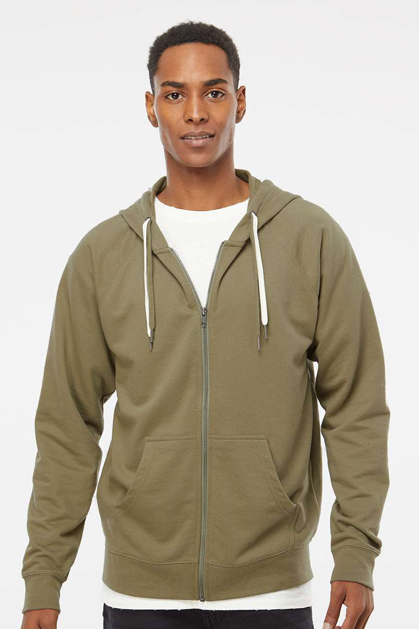 Independent Trading Company SS1000Z Mens Icon Loopback Terry Full Zip Hooded Sweatshirt Hoodie w/ Pockets Olive Green Model Front