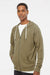 Independent Trading Company SS1000Z Mens Icon Loopback Terry Full Zip Hooded Sweatshirt Hoodie w/ Pockets Olive Green Model Side