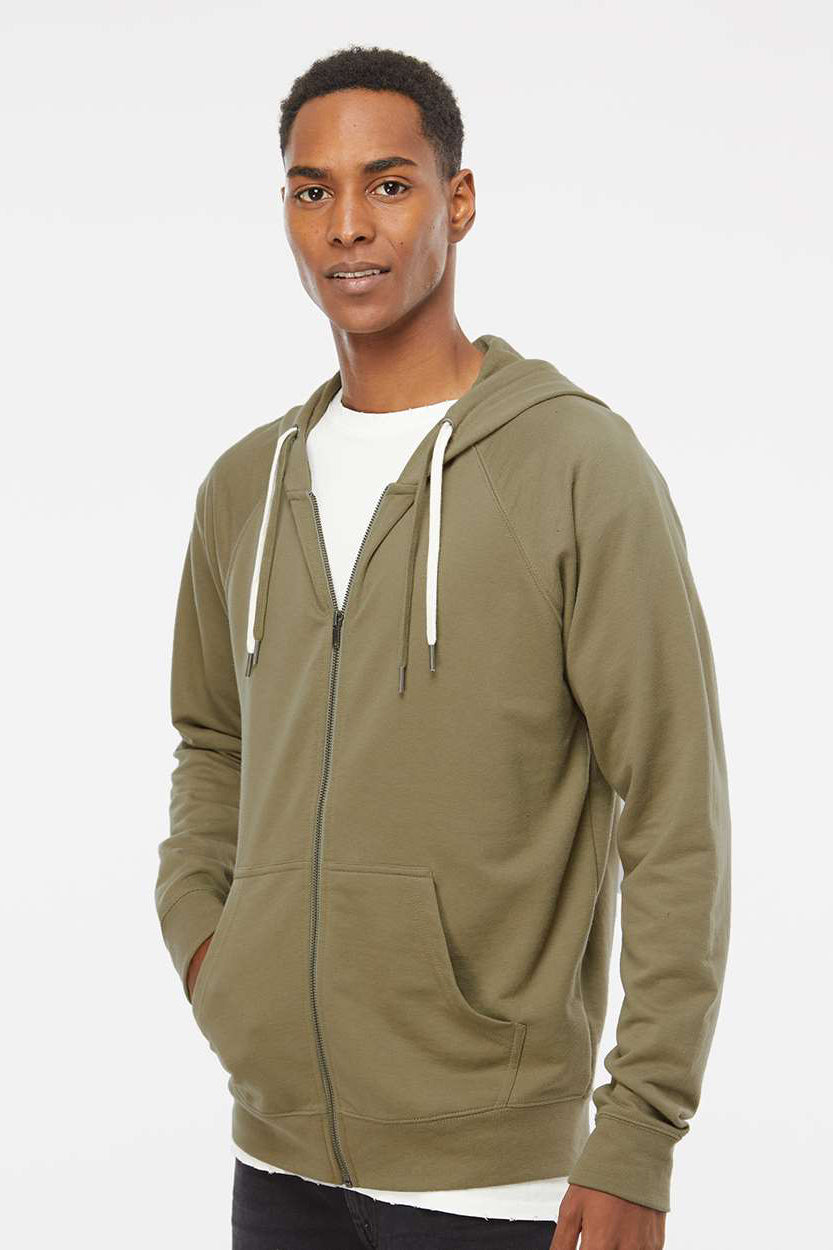 Independent Trading Company SS1000Z Mens Icon Loopback Terry Full Zip Hooded Sweatshirt Hoodie w/ Pockets Olive Green Model Side