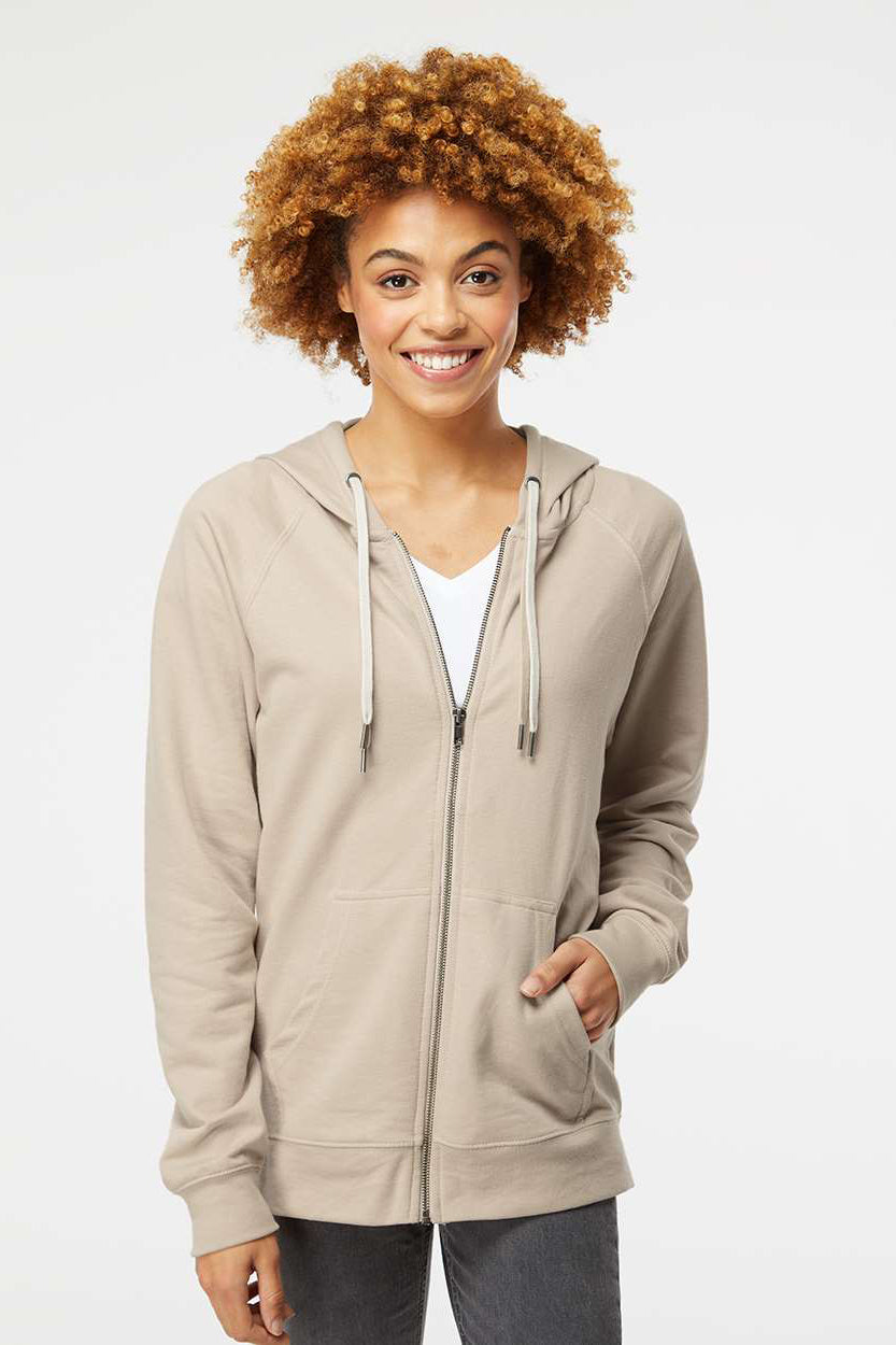 Independent Trading Company SS1000Z Mens Icon Loopback Terry Full Zip Hooded Sweatshirt Hoodie w/ Pockets Sand Model Front