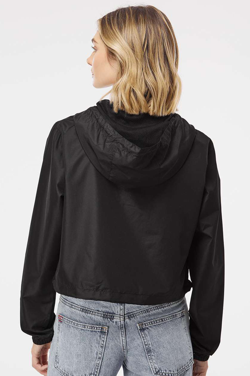 Independent Trading Company EXP64CRP Womens Water Resistant 1/4 Zip Crop Hooded Windbreaker Jacket Black Model Back
