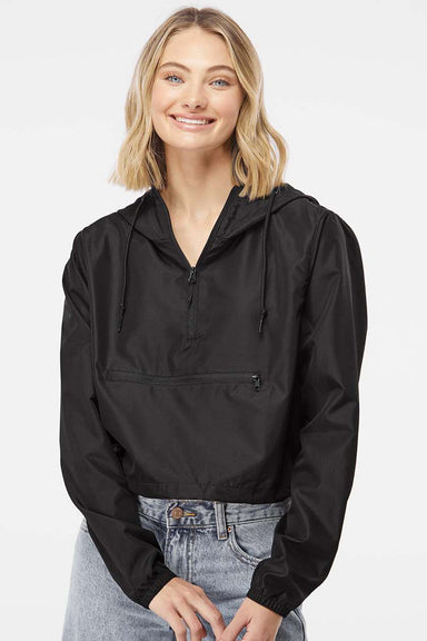 Independent Trading Company EXP64CRP Womens Water Resistant 1/4 Zip Crop Hooded Windbreaker Jacket Black Model Front