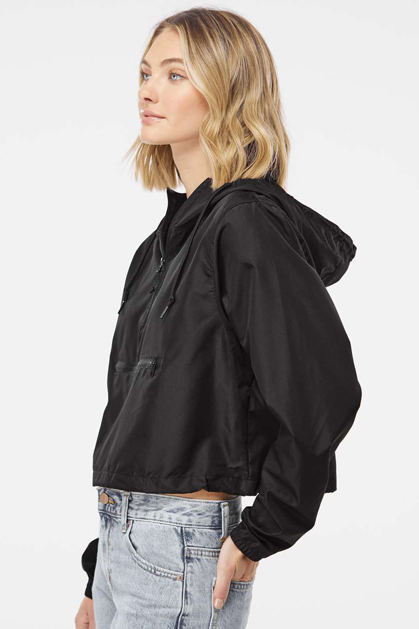 Independent Trading Company EXP64CRP Womens Water Resistant 1/4 Zip Crop Hooded Windbreaker Jacket Black Model Side