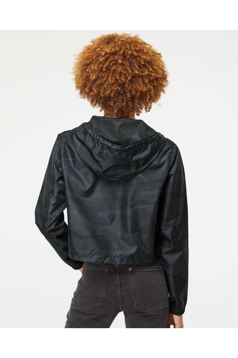 Independent Trading Co. EXP64CRP Womens 1/4 Zip Crop Hooded Windbreaker Jacket Black Camo Model Back