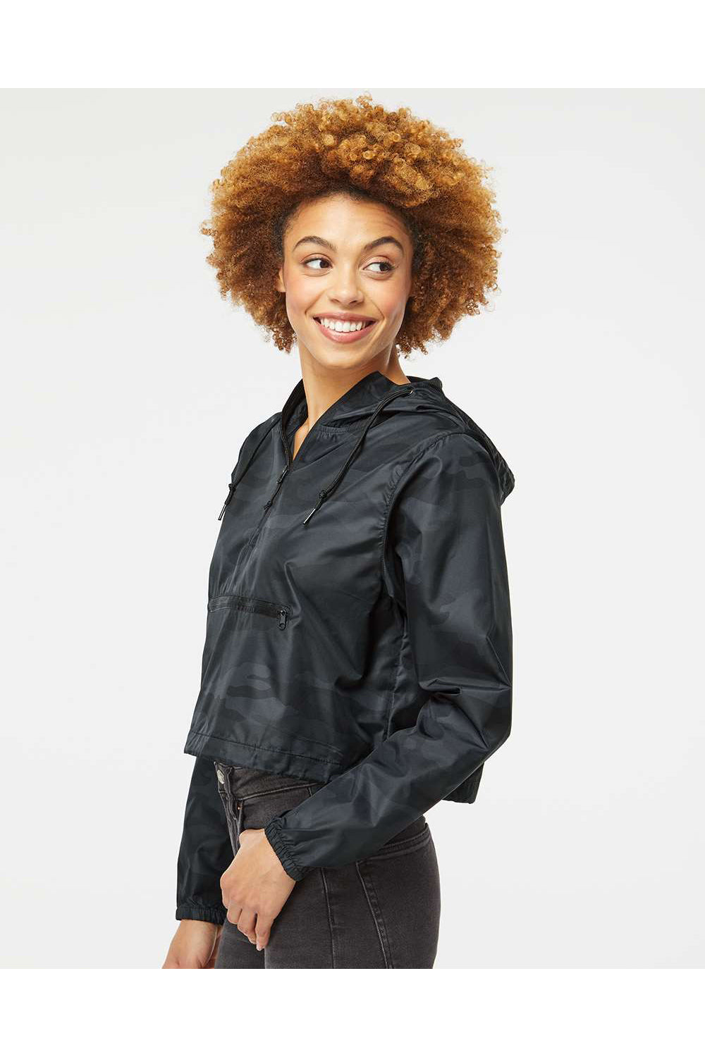 Independent Trading Co. EXP64CRP Womens 1/4 Zip Crop Hooded Windbreaker Jacket Black Camo Model Side