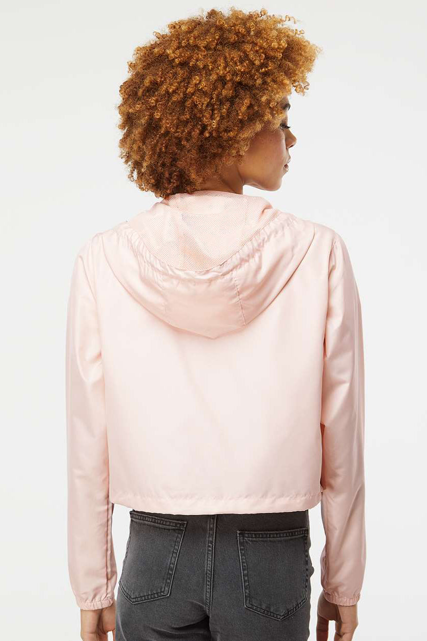 Independent Trading Company EXP64CRP Womens Water Resistant 1/4 Zip Crop Hooded Windbreaker Jacket Blush Pink Model Back