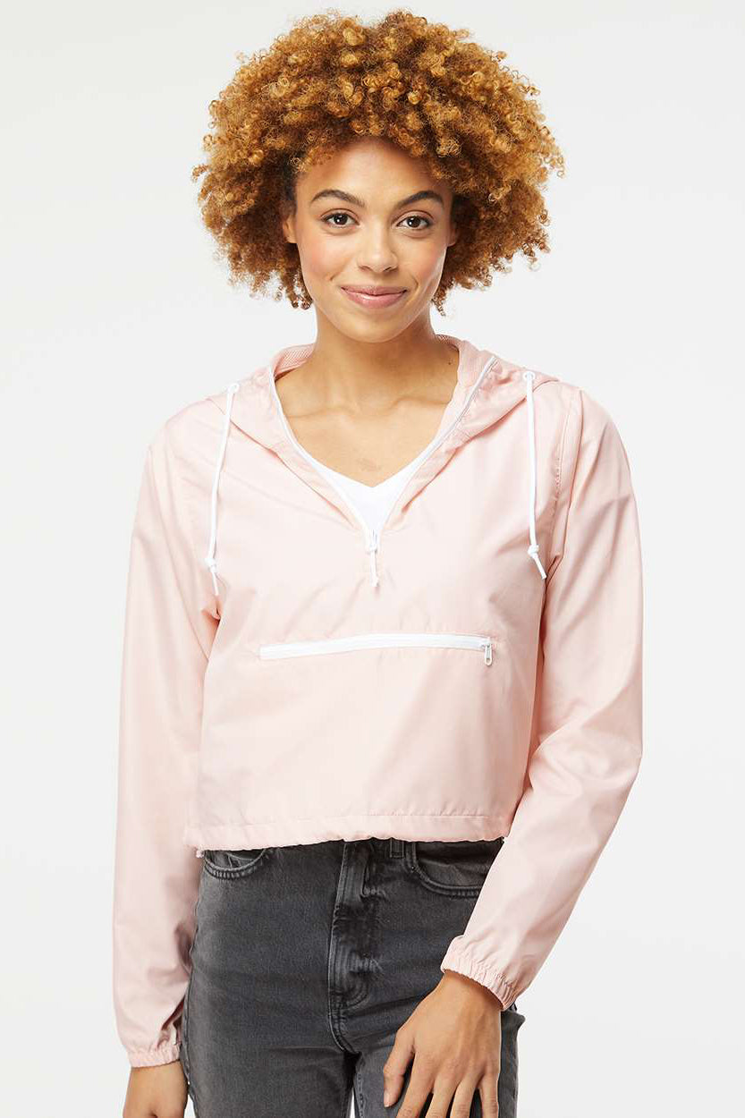 Independent Trading Company EXP64CRP Womens Water Resistant 1/4 Zip Crop Hooded Windbreaker Jacket Blush Pink Model Front