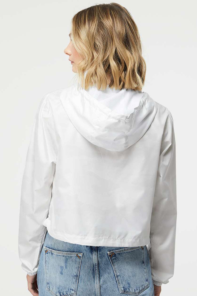 Independent Trading Company EXP64CRP Womens Water Resistant 1/4 Zip Crop Hooded Windbreaker Jacket White Camo Model Back