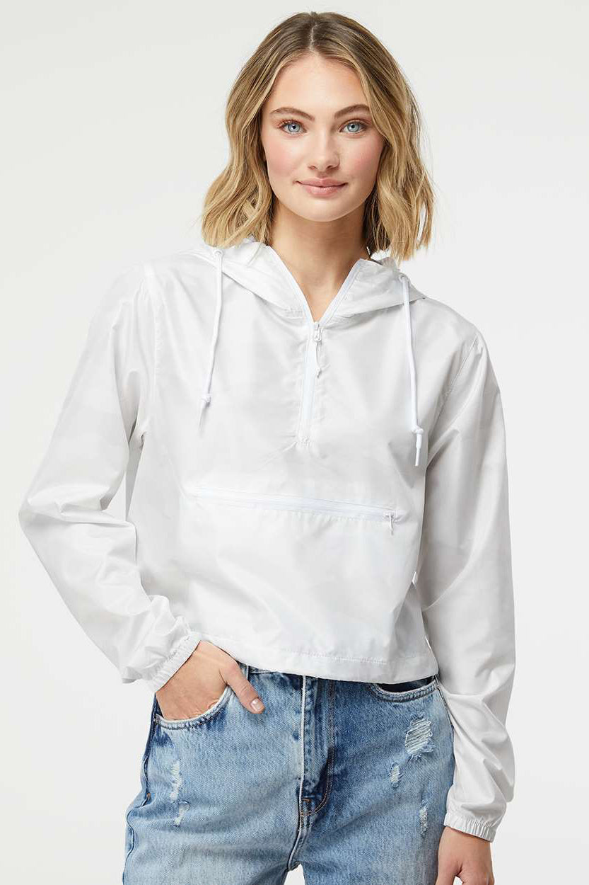 Independent Trading Company EXP64CRP Womens Water Resistant 1/4 Zip Crop Hooded Windbreaker Jacket White Camo Model Front