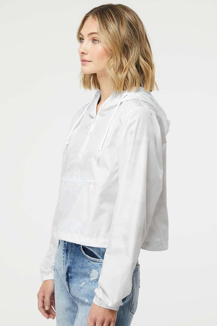 Independent Trading Company EXP64CRP Womens Water Resistant 1/4 Zip Crop Hooded Windbreaker Jacket White Camo Model Side
