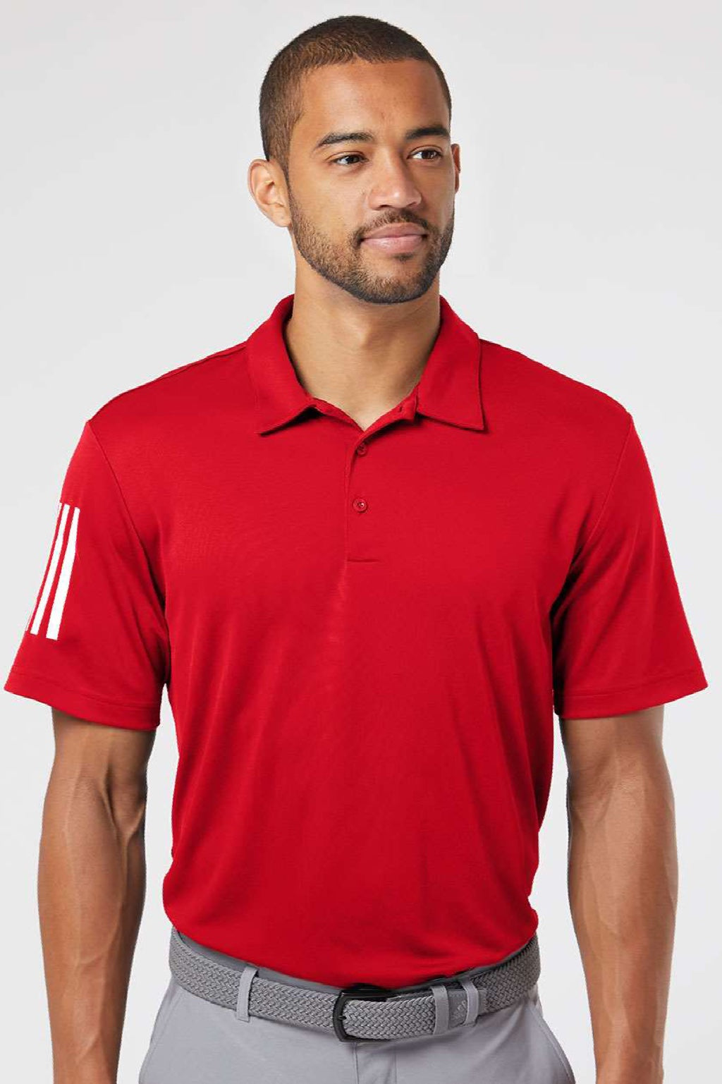 Adidas A480 Mens Floating 3 Stripes UPF 50+ Short Sleeve Polo Shirt Team Power Red Model Front