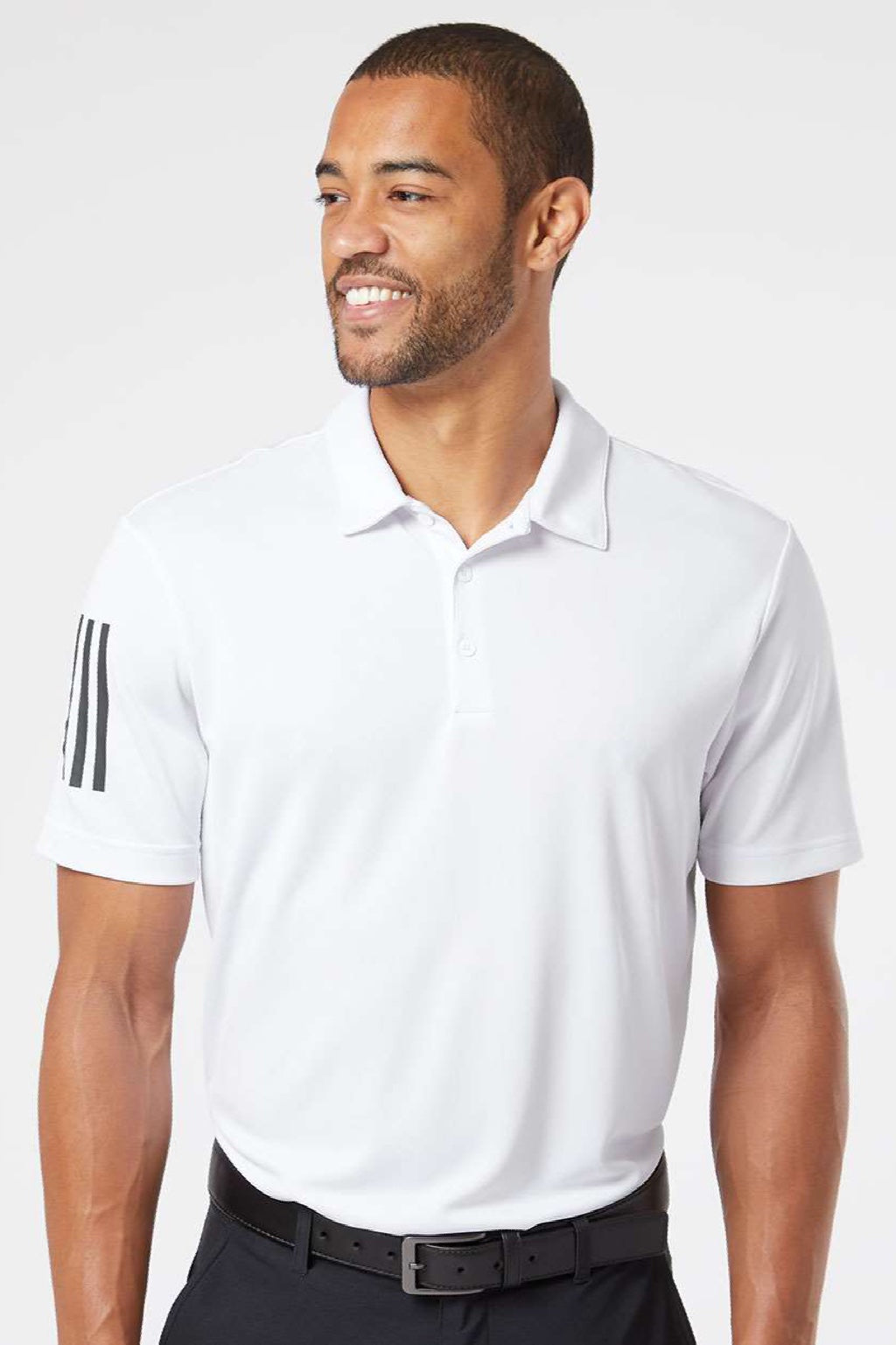 Adidas A480 Mens Floating 3 Stripes UPF 50+ Short Sleeve Polo Shirt White Model Front