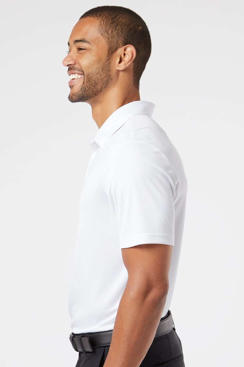 Adidas A480 Mens Floating 3 Stripes UPF 50+ Short Sleeve Polo Shirt White Model Side