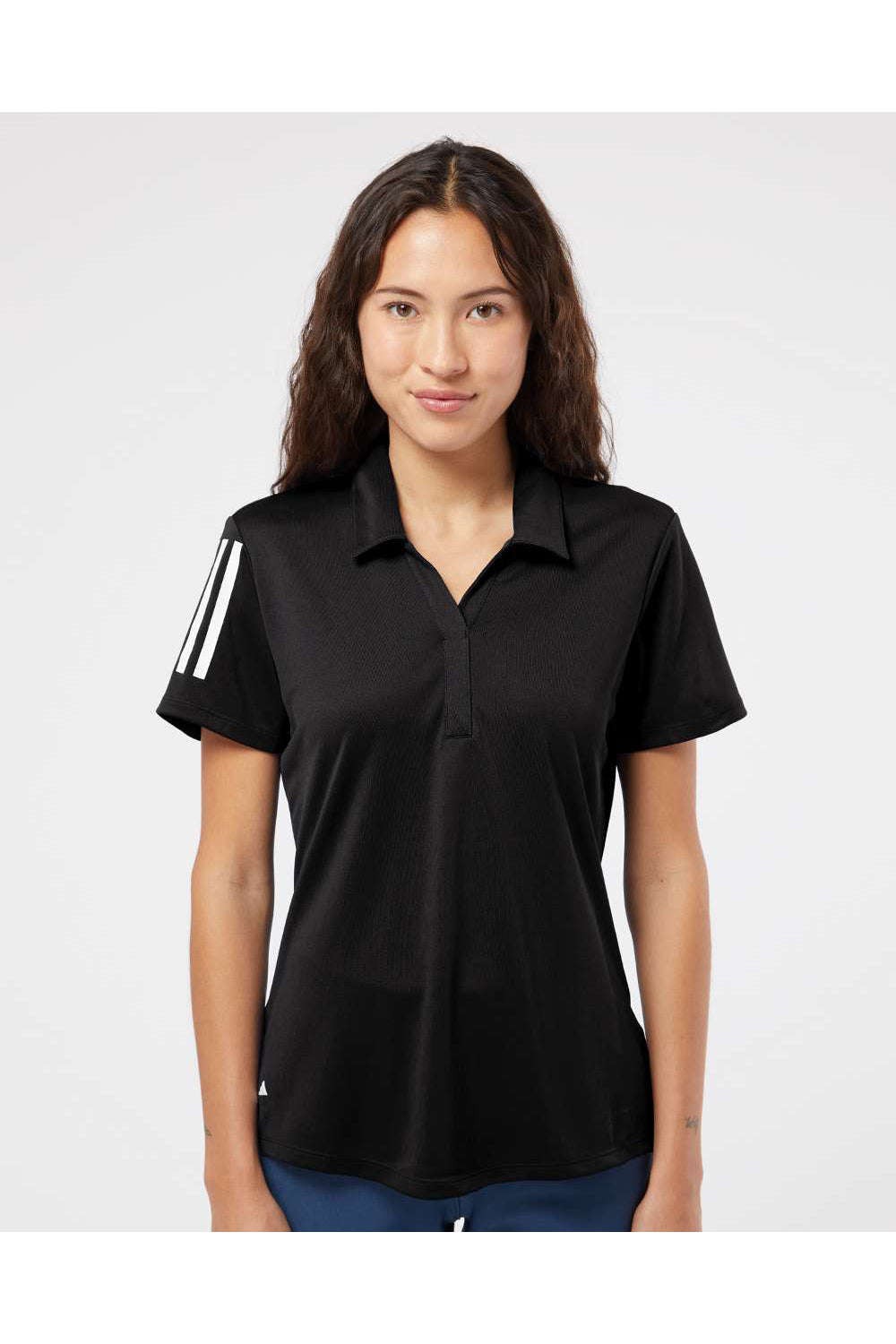 Adidas A481 Womens Floating 3 Stripes Polo Shirt Black/White Model Front